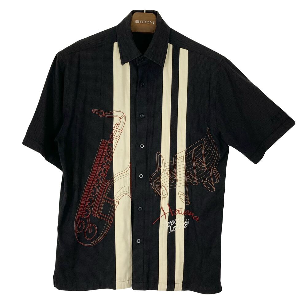 THE HAVANERA CO Shirt Mens M VTG Brown Beige Jazz Saxaphone Embroidery Short Slv
